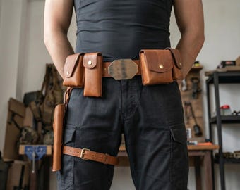Handmade Leather Utility Belt with Pouches Bounty Hunter Cosplay Holster Tactical Leather Belt for Star Wars Mandalorian Costume Adult