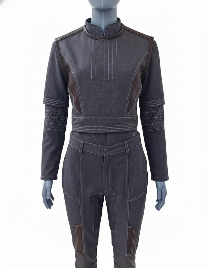 May include: A dark gray two-piece outfit displayed on a mannequin. The top has a high collar, short sleeves, and brown accents. The pants are high-waisted with a button closure and brown patches at the knees. White stitching details the seams.