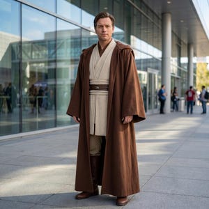 May include: A brown hooded robe with a beige tunic and pants, and a brown belt. The outfit is completed with brown boots. The person is standing in front of a modern building with glass windows.