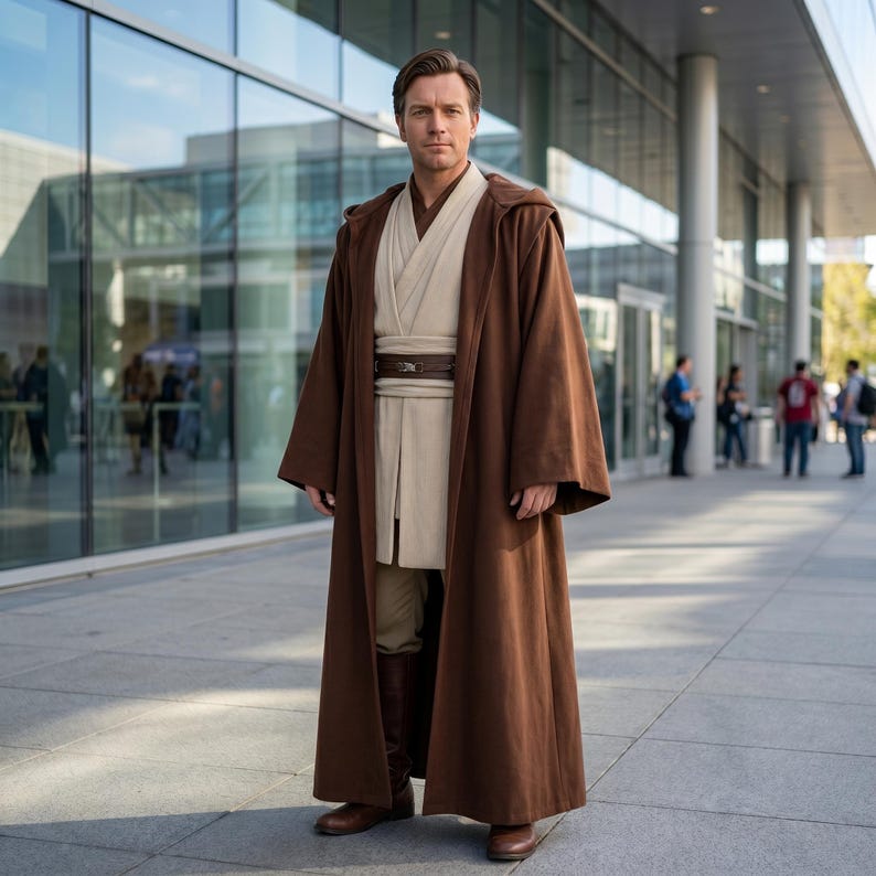 May include: A brown hooded robe with a beige tunic and pants, and a brown belt. The outfit is completed with brown boots. The person is standing in front of a modern building with glass windows.
