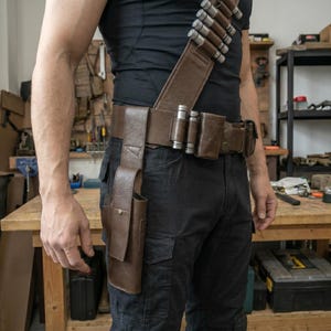 May include: A brown leather utility belt with multiple pouches and a shoulder strap, designed to carry various items. The belt is worn over black pants and a black shirt. The belt has silver-colored metal accents.