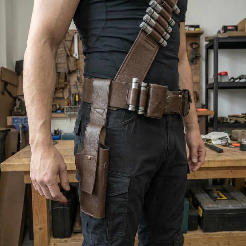 May include: A brown leather utility belt with multiple pouches and a shoulder strap, designed to carry various items. The belt is worn over black pants and a black shirt. The belt has silver-colored metal accents.