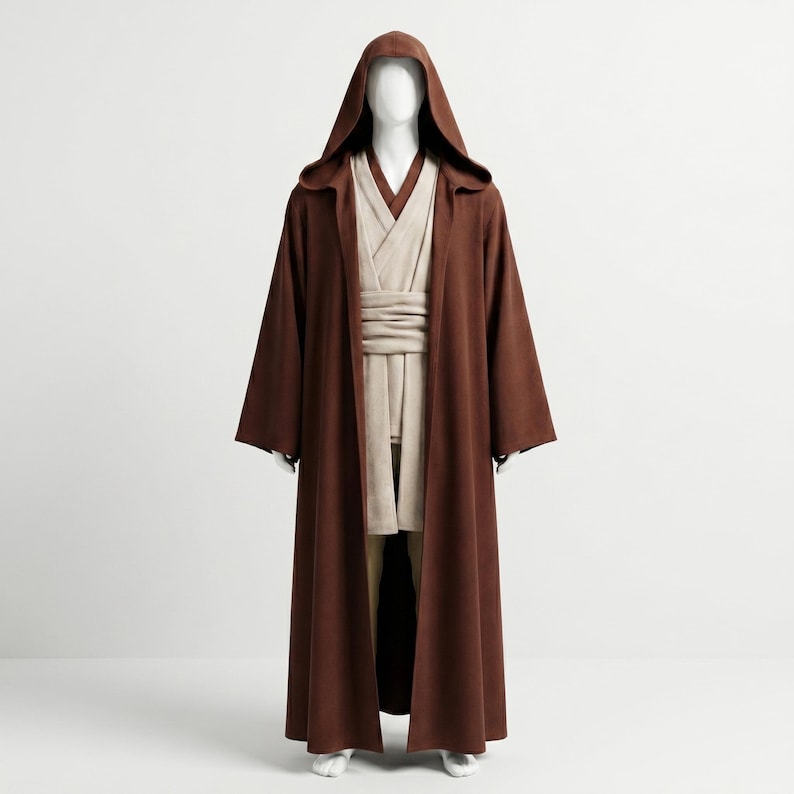 May include: A brown hooded robe with long sleeves and a beige tunic and sash. The costume is displayed on a mannequin. The robe is floor-length and has a wide hood. The tunic and sash are a lighter shade of beige.