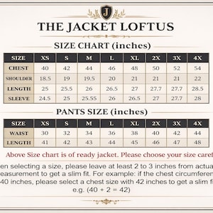 May include: Size chart for jackets and pants, with measurements in inches. Includes chest, shoulder, length, sleeve, waist, and length measurements for various sizes from XS to 4X. The Jacket Loftus.