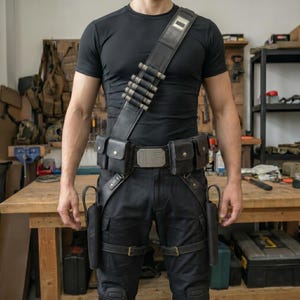 May include: A black tactical utility belt and shoulder strap set featuring multiple storage pouches, a central metallic buckle, and a diagonal bandolier with six cylindrical shell holders. The gear is worn over a plain black short-sleeved t-shirt.