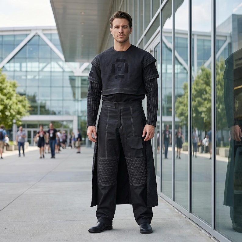 Op de afbeelding: Een persoon in een zwarte outfit met een crop top, een shirt met lange mouwen en een broek met een rokachtig paneel. De outfit heeft geometrische patronen en zichtbare stiksels. De persoon staat voor een modern gebouw.