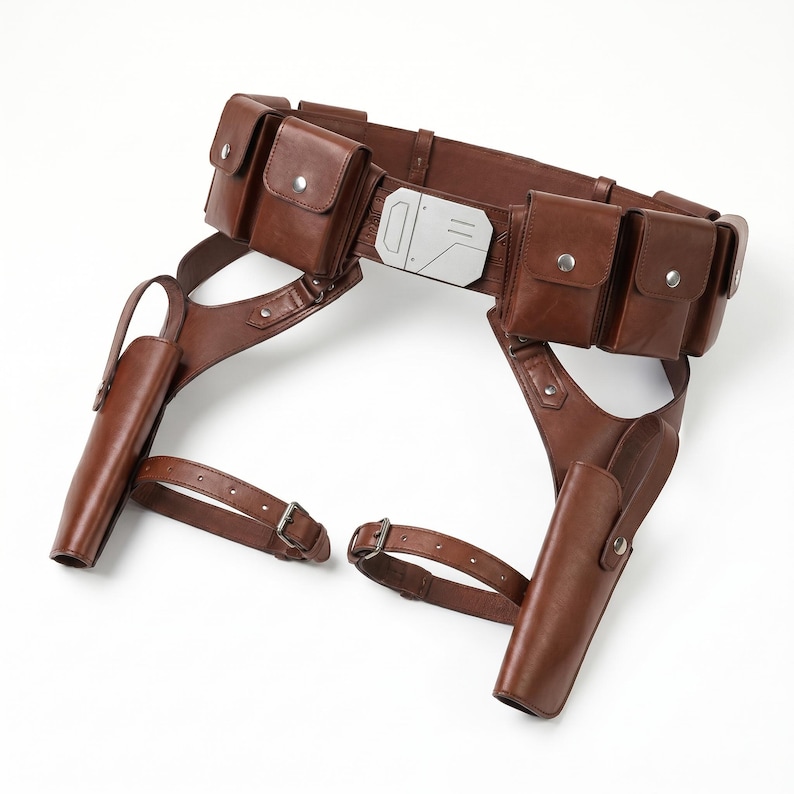 Op Star Wars geïnspireerde op Mandalorian aangepaste handgemaakte leren cosplay-utilitaire riem met bijl, holster en zakjes afbeelding 5