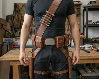 Star Wars Inspired Mandalorian Custom Handmade Leather Cosplay Utility Belt with Axe Woves, Holster & Pouches