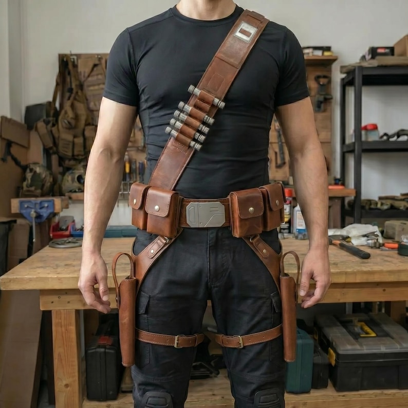 May include: A brown leather bandolier and utility belt set worn over a black t-shirt and black pants. The gear includes a shoulder strap with silver cylindrical holders, multiple rectangular pouches, a central metallic buckle, and two holsters.