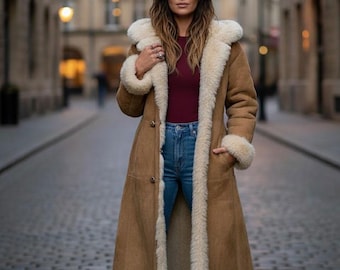 Women's Vintage  Suede Shearling Trench Coat | Handmade Fur-Lined Winter Long Coat.