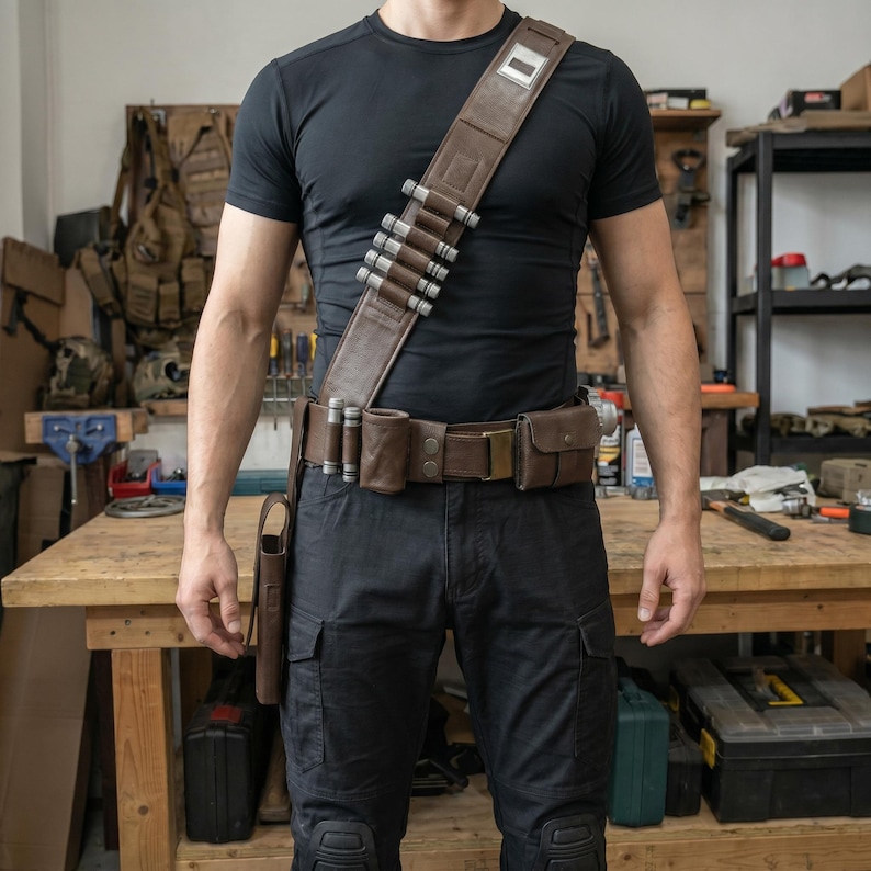 May include: A brown leather utility belt with multiple pouches, a holster, and a shoulder strap. The belt features silver-colored cylindrical accents and a rectangular buckle. The person is wearing a black t-shirt and black cargo pants.