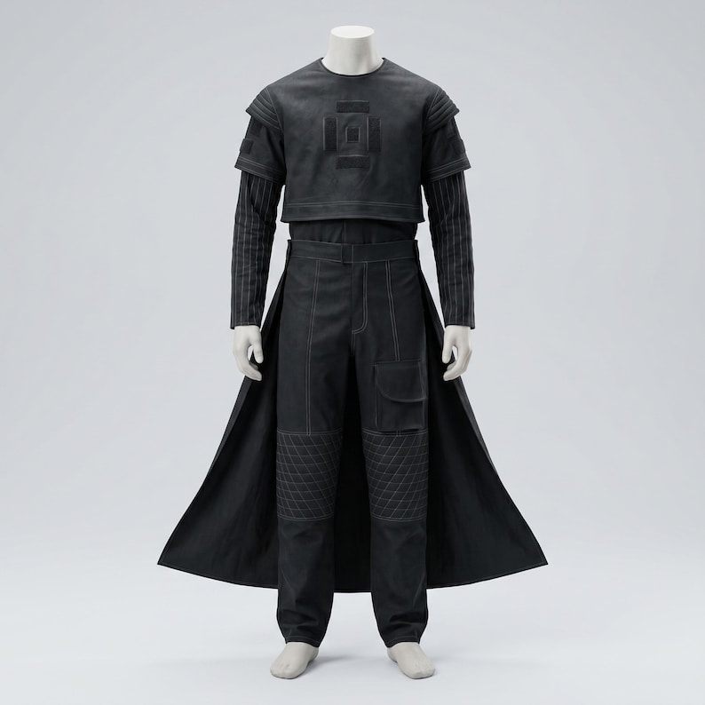 Op de afbeelding: Een zwarte outfit op een mannequin, bestaande uit een top met korte mouwen met een geometrisch ontwerp, een gestreept ondershirt met lange mouwen, een broek met hoge taille en een lange jas. De broek heeft gewatteerde knielappen. De outfit is gemaakt van mat materiaal.