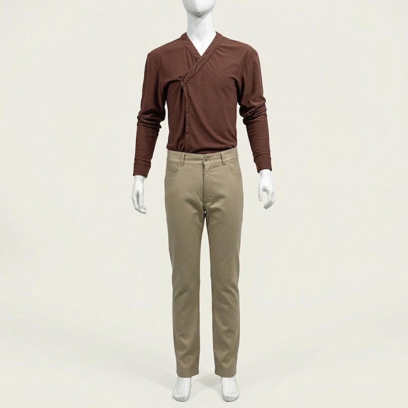 May include: A brown long-sleeve shirt with a knotted front detail and khaki-colored pants. The outfit is displayed on a mannequin against a plain background. The pants have a classic five-pocket design.