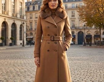 Handmade Wool Trench Coat, Multi Colors Fur Collar, Belted Winter Overcoat For Womens.