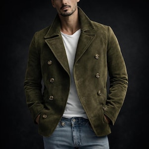 以下が含まれることがあります： ゴールドのボタンが付いたオリーブグリーンのダブルブレストジャケット。 ジャケットはノッチドラペルで、白いTシャツとブルージーンズの上に着用されています。 ジャケットは柔らかいスエードのような素材で作られています。