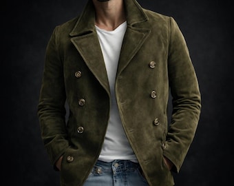 Chaqueta clásica cruzada de ante color oliva para hombre: hecha a mano