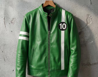 Ben 10 Inspired Green Leather Cosplay Jacket – Handmade Green Jacket with White Stripes
