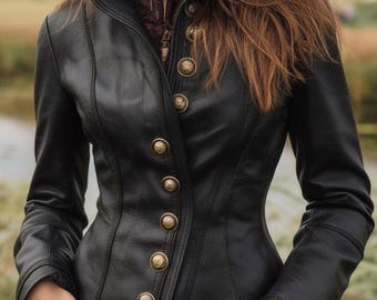 Women's Black Real Lambskin Leather Jacket Steampunk Military Jacket.