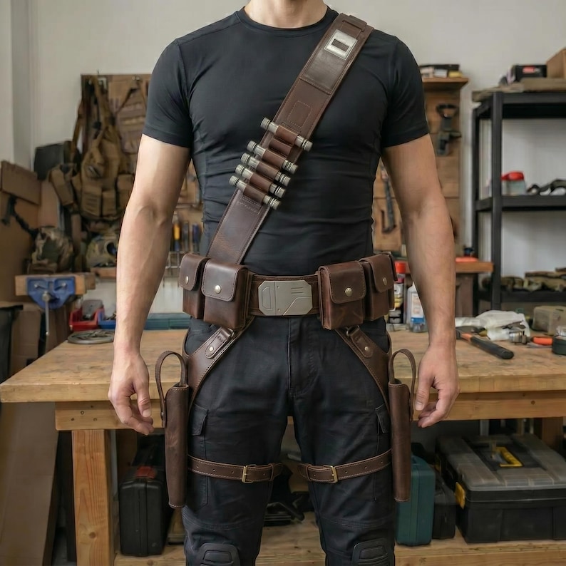 May include: A brown leather utility belt and shoulder strap set featuring multiple pouches, a central metallic buckle, and a series of cylindrical holders along the chest strap. The gear is worn over a plain black t-shirt and black trousers.
