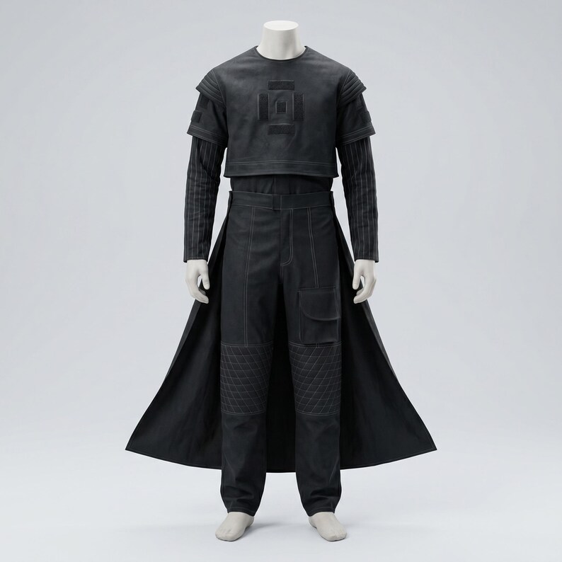 Op de afbeelding: Een zwarte outfit op een mannequin, bestaande uit een top met korte mouwen met een geometrisch ontwerp, een gestreept ondershirt met lange mouwen, een broek met hoge taille en een lange jas. De broek heeft gewatteerde knielappen. De outfit is gemaakt van mat materiaal.