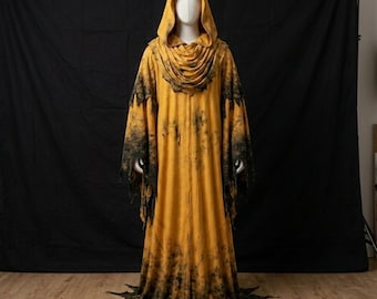Cape à capuche Hastur - Robe rituelle inspirée du roi jaune, costume Dark Fantasy en lambeaux