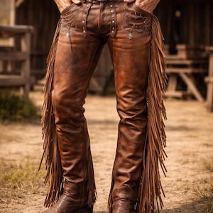 Men’s Handmade Leather Fringe Pants – Vintage Western Cowboy Rodeo Style Chaps