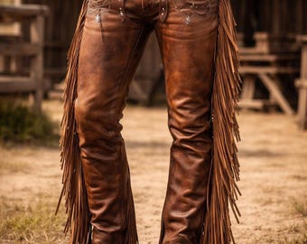 Men’s Handmade Leather Fringe Pants – Vintage Western Cowboy Rodeo Style Chaps
