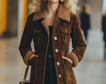 Abrigo de piel de oveja auténtica marrón hecho a mano / Chaqueta larga de ante estilo vintage para mujer.