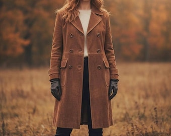 May include: A long, double-breasted brown coat with a notched collar and two rows of buttons. The coat has two front pockets and is worn with black gloves. The background is a blurred autumn scene.