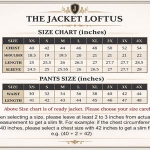 May include: Size chart for jackets and pants, with measurements in inches. Includes chest, shoulder, length, sleeve, waist, and length measurements for various sizes from XS to 4X. The Jacket Loftus.