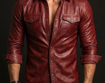 Men's Red Lambskin Leather Shirt | Handcrafted Slim-Fit Genuine Leather Overshirt | Custom Tailored Luxury