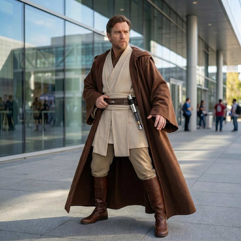 May include: A person in a brown Jedi costume, including a long robe, tunic, and boots, stands outdoors. A lightsaber is attached to the belt. The costume is tan and brown, with a leather belt and brown boots. The background includes a modern building.