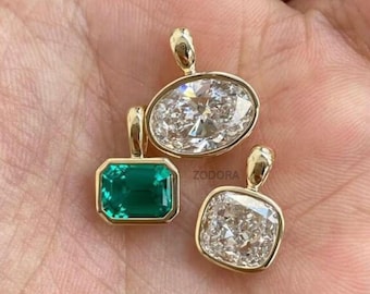 Colgante con engaste de bisel, colgante de plata de ley 925, colgante de oro vermeil de 18 quilates, colgante ovalado, cojín, talla esmeralda verde para ella.