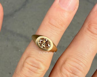 Anillo grueso, anillo de sello, anillo de diamante cultivado en laboratorio de talla ovalada color champán, anillo de oro macizo de 14 quilates, anillo con bisel, anillo de ajuste cómodo, anillo de diamante CVD