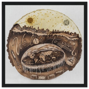May include: A framed artwork featuring a circular wood slice design. The artwork depicts a stylized world map, a cityscape, and the text "We love to you". The piece has a vintage aesthetic with a black frame.