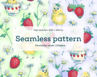 Digital Watercolor Chicks Seamless Pattern, Strawberries & Daisies Design, Spring Floral Repeat Tile, Commercial Use
