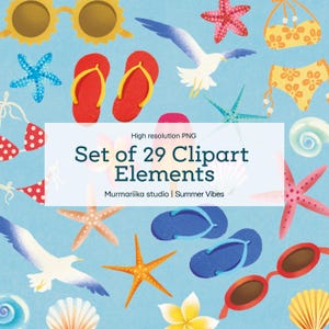 May include: A digital collection of 29 summer-themed clipart elements featuring seagulls, red and blue flip-flops, various starfish, seashells, sunglasses, and floral bikini pieces on a light blue background with the text Set of 29 Clipart Elements.