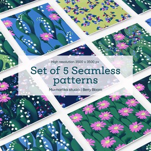 May include: A set of five seamless patterns with floral designs. Each pattern features a different color scheme, including blue, green, and pink. The patterns include flowers and leaves. The text reads "Set of 5 Seamless patterns".