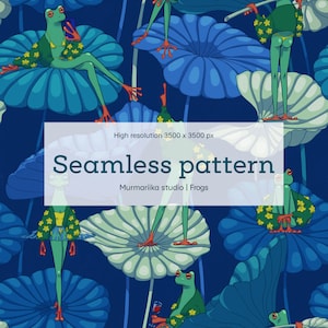 Puede incluir: Patrón sin costuras con ranas de dibujos animados en nenúfares, sobre un fondo azul oscuro. Las ranas son verdes con patas naranjas y visten trajes. El texto "Seamless pattern" se muestra en blanco.