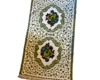 Vintage JC Penney Fashion Manor groene roos badhanddoeken met franjes, set van 2 - 24 x 40 inch