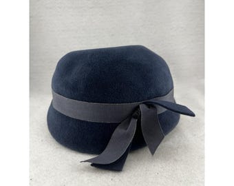 Blauer Wollhut mit Schleife Damen Vintage Stil Elegant Lässig Cloche- Derby, Tea