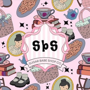 May include: Pink background with a repeating pattern of cookies, teacups, books, purses, and portraits. The image features the text "sbs" inside a pink and white striped frame with a ribbon. The text "SUGAR BABE SHOP CO" is also present.