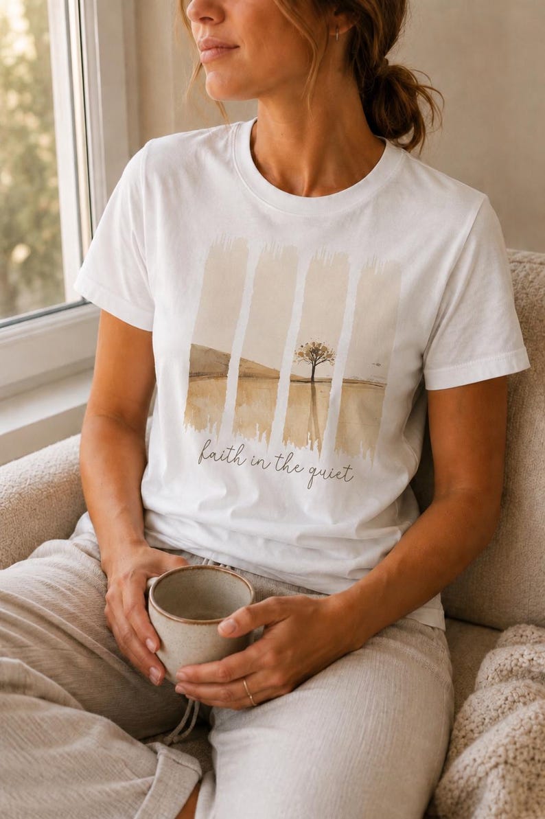 Op de afbeelding: Een wit T-shirt met korte mouwen en een grafische print van een landschap met een enkele boom en heuvels in beige en bruine tinten. Het ontwerp is verdeeld door verticale penseelstreken en bevat de tekst faith in the quiet eronder.