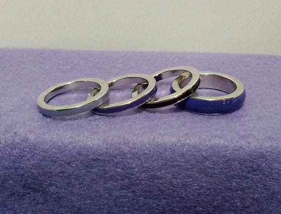 Four Stackable Silver-toned Purple, Black Enamel … - image 1