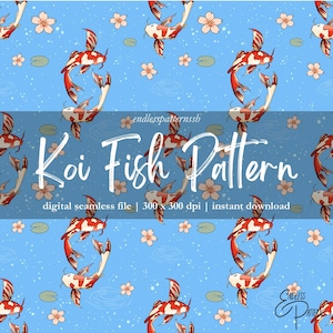 Puede incluir: Un patrón digital sin costuras con peces koi rojos, blancos y negros, con flores rosas y nenúfares sobre un fondo azul claro. El texto "Koi Fish Pattern" se muestra en escritura blanca.