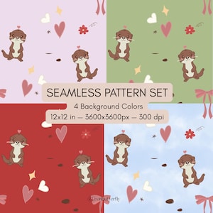 Puede incluir: Un conjunto de patrones sin costuras con cuatro colores de fondo: rosa claro, verde, rojo y azul claro. Cada patrón incluye un diseño repetido de una nutria de dibujos animados, corazones, estrellas y flores. El conjunto mide 30,48 x 30,48 cm.