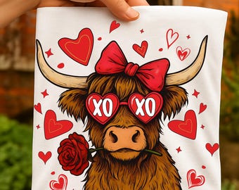 Funny Valentine Highland Cow PNG Retro Valentine Cow Howdy Love XOXO Heart Cute Highland Cow Valentine's Day Coquette Retro Digital Design.