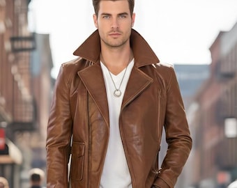 Classic Brown Genuine Leather Cafe Racer Jacket