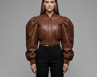 Original Women’s Brown Puff-Sleeve Leather Crop Jacket – Vintage Inspired Bomber Style