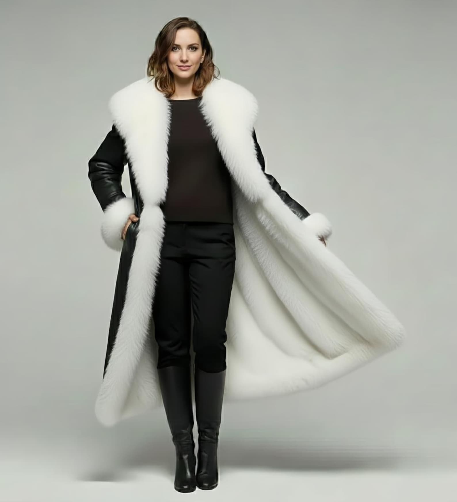 Women’s Black Shearling Coat – Long Sheepskin Fur Lined Winter Trench, Vintage Leather Maxi Coat